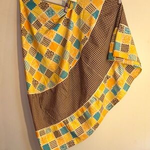 Vintage Patchwork & Floral Round Handmade Tablecloth Blue/Yellow/Brown 73 Inches